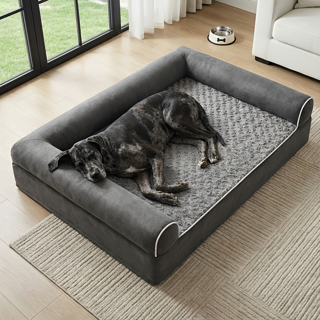 Cama Ortopédica para Perros Pequeños, Medianos, Grandes y Extragrandes, Sofá Cama en Forma de U con Espuma Perfilada Tipo Huevera, Bordes Elevados, Superficie de Felpa Ultrasuave y Funda Extraíble Lavable, Gris