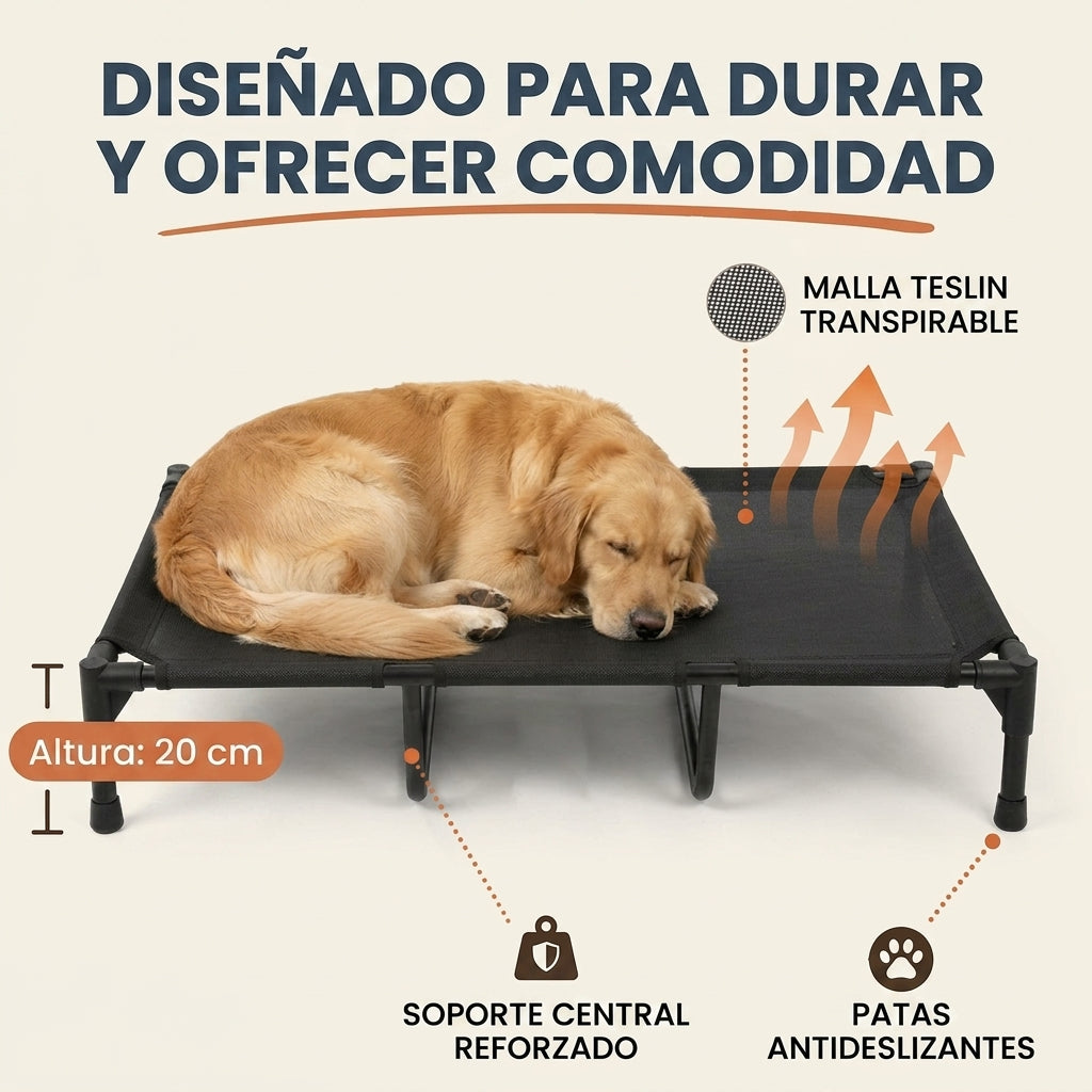 Cama Elevada para Perros de Exterior con Malla Teslin Transpirable, Soporte Central Reforzado según Talla, Patas Antideslizantes, Secado Rápido, para Perros Pequeños, Medianos y Grandes