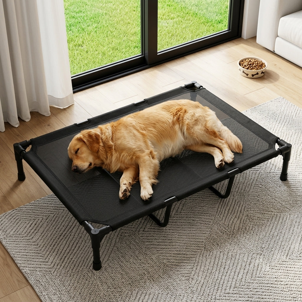 Cama Elevada para Perros de Exterior con Malla Teslin Transpirable, Soporte Central Reforzado según Talla, Patas Antideslizantes, Secado Rápido, para Perros Pequeños, Medianos y Grandes