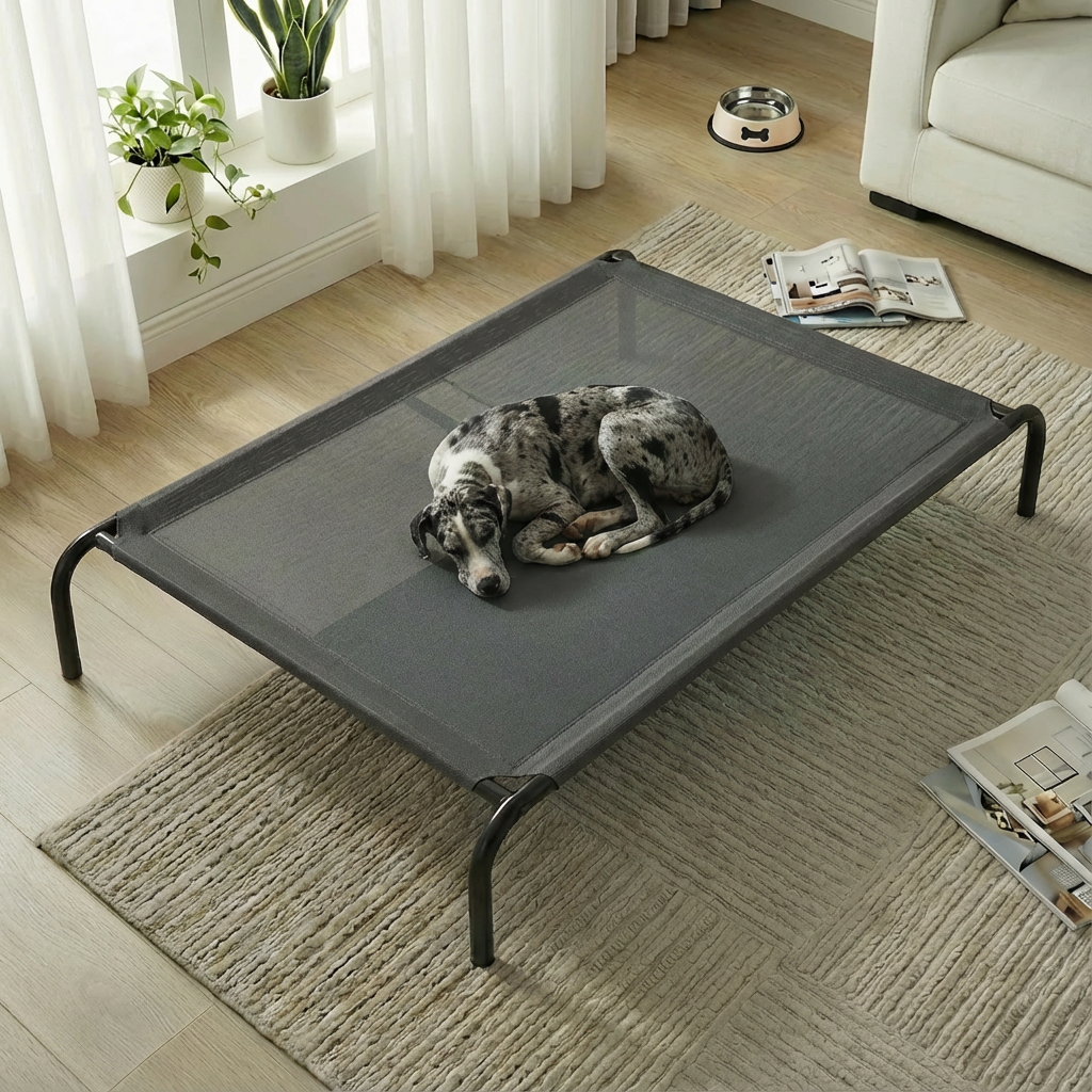 Cama Elevada para Perros, Estructura Metálica Resistente con Malla Textilene Transpirable, Hamaca Refrigerante Lavable para Interior y Exterior, Fácil de Limpiar, Gris