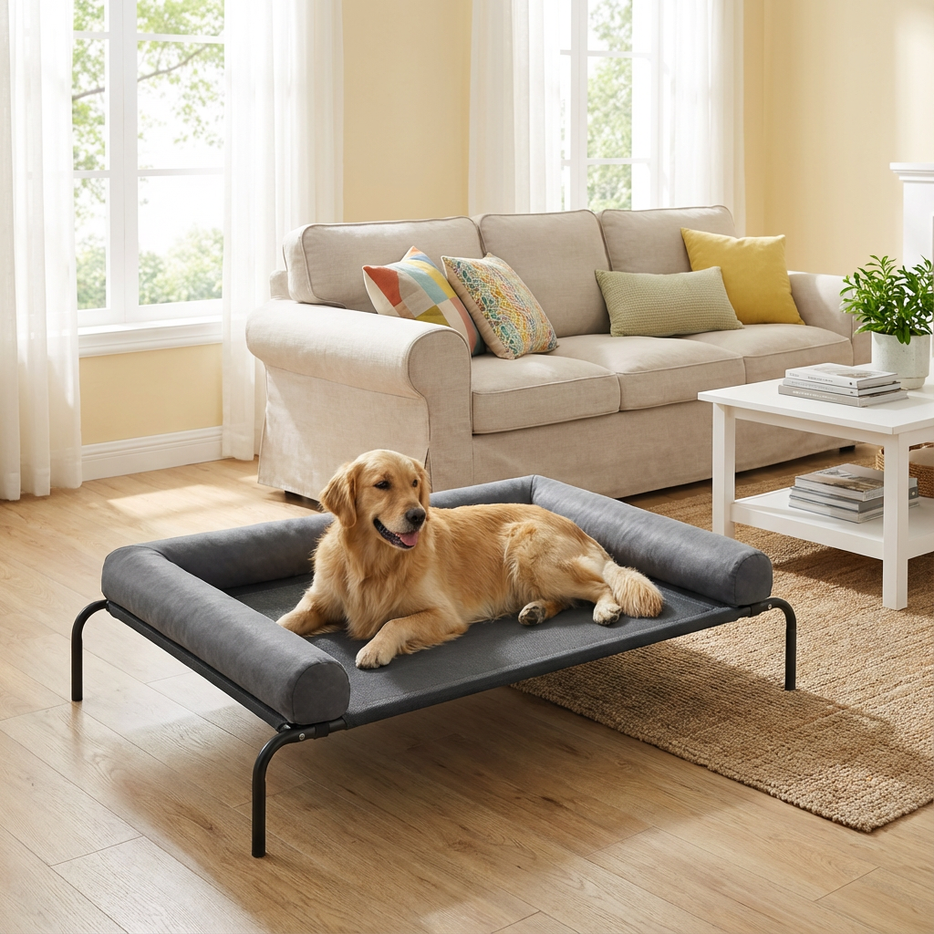 Cama Elevada para Perros con Cojines Suaves en 3 Lados, Cama Transpirable de Malla Textilene, Estructura Metálica Resistente, Fácil de Limpiar, para Perros Pequeños, Medianos y Grandes