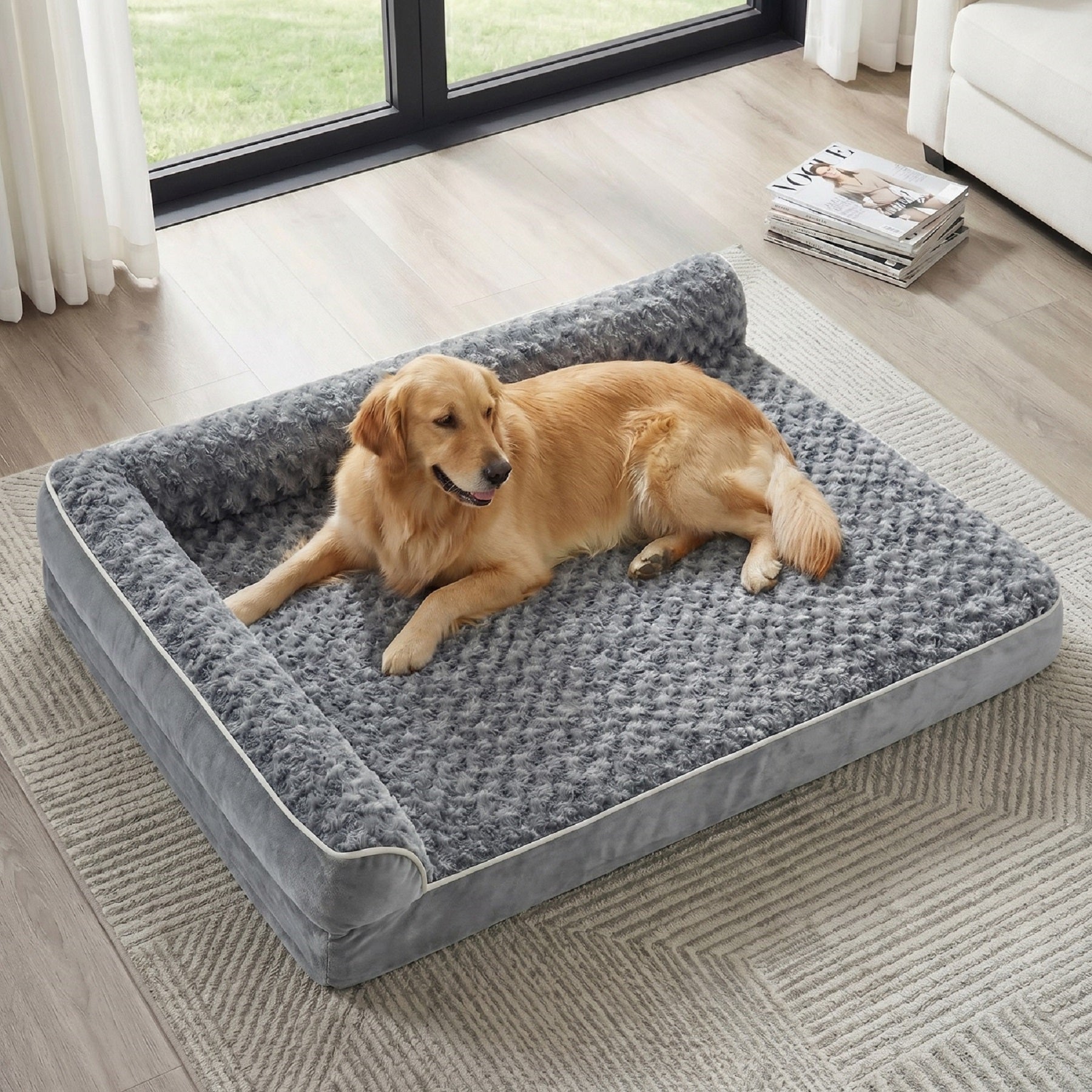 Cama Ortopédica  para Perros Grandes y Gigantes, Sofá Cama en L con Esponja de Alta Densidad, Funda Impermeable Extraíble y Lavable a Máquina, Superficie de Terciopelo Suave, 137 × 91 × 19 cm, Gris