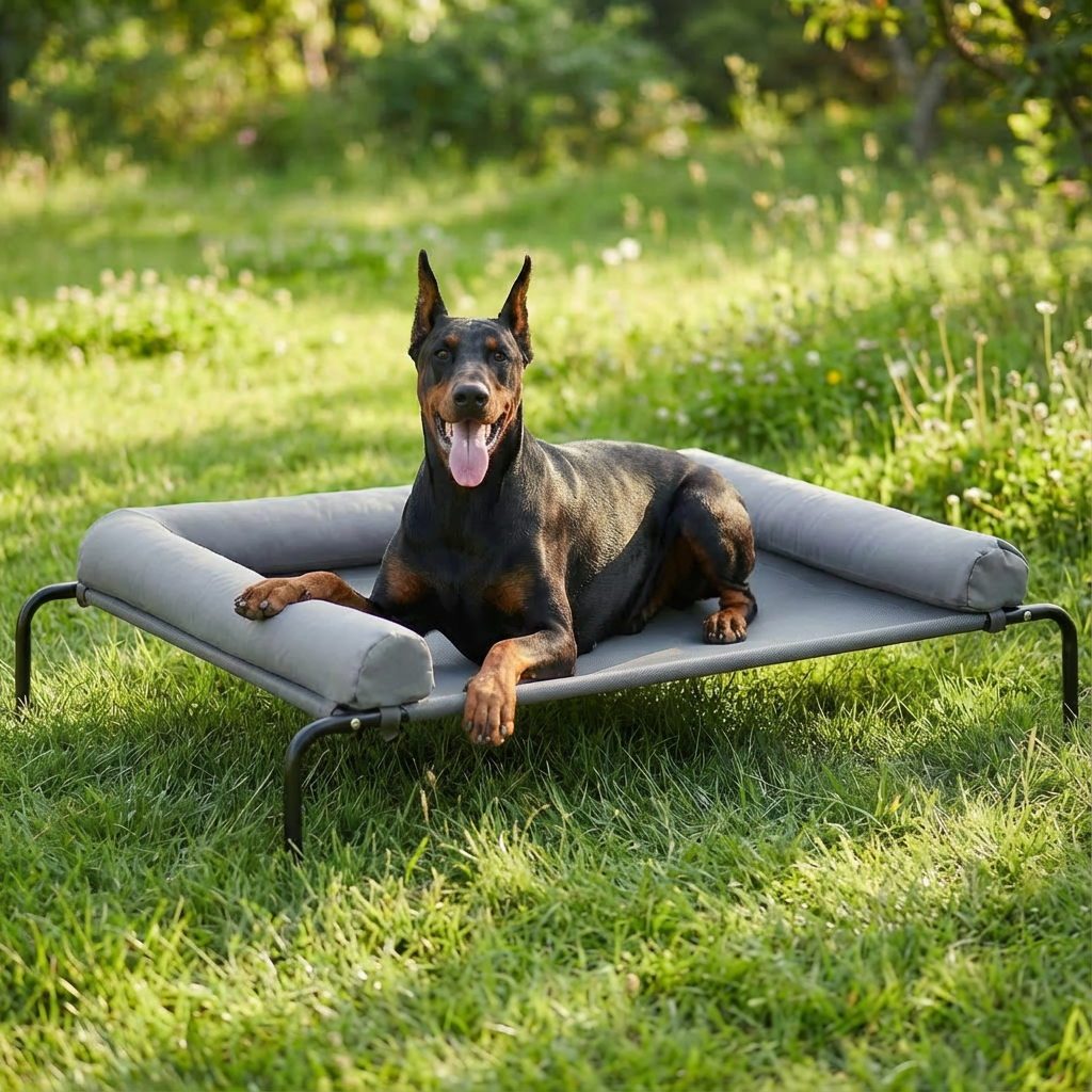 Cama Elevada para Perros con Cojines Suaves en 3 Lados, Cama Transpirable de Malla Textilene, Estructura Metálica Resistente, Fácil de Limpiar, para Perros Pequeños, Medianos y Grandes