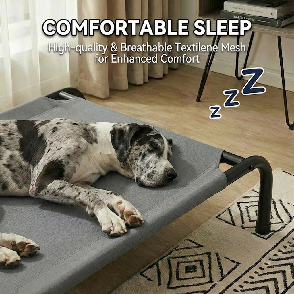 Cama Elevada para Perros, Estructura Metálica Resistente con Malla Textilene Transpirable, Hamaca Refrigerante Lavable para Interior y Exterior, Fácil de Limpiar, Gris
