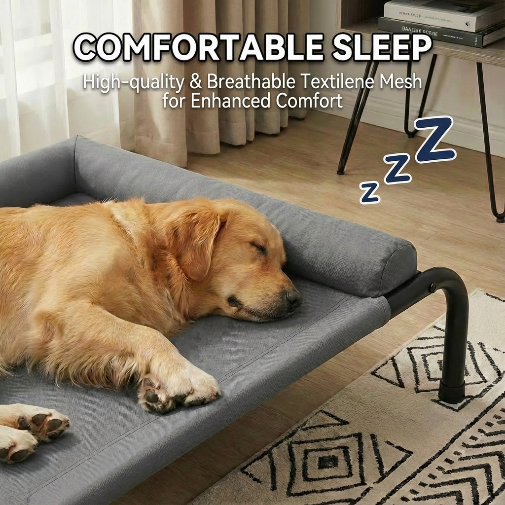 Cama Elevada para Perros con Cojines Suaves en 3 Lados, Cama Transpirable de Malla Textilene, Estructura Metálica Resistente, Fácil de Limpiar, para Perros Pequeños, Medianos y Grandes