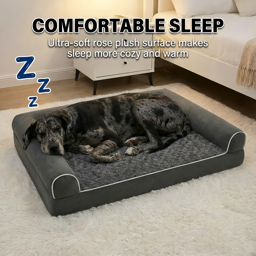 Cama Ortopédica para Perros Pequeños, Medianos, Grandes y Extragrandes, Sofá Cama en Forma de U con Espuma Perfilada Tipo Huevera, Bordes Elevados, Superficie de Felpa Ultrasuave y Funda Extraíble Lavable, Gris