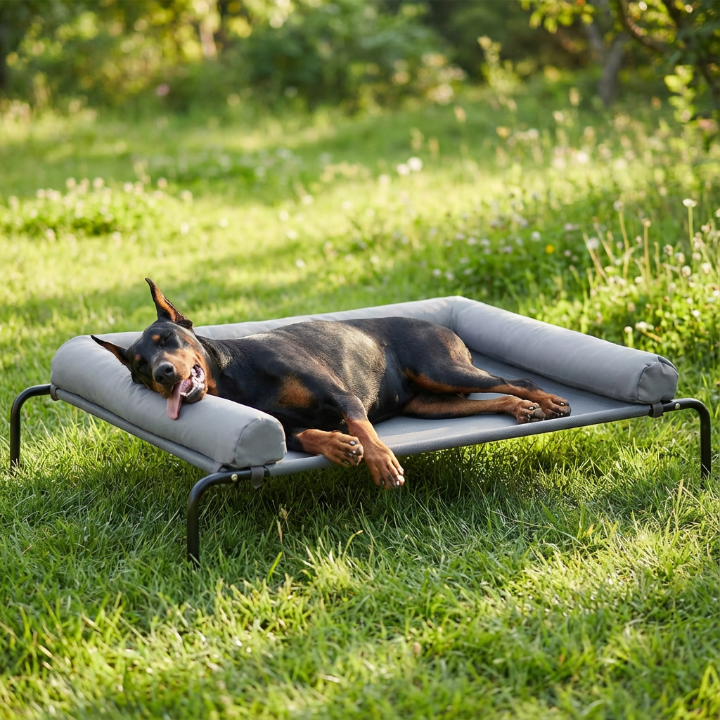 Cama Elevada para Perros con Cojines Suaves en 3 Lados, Cama Transpirable de Malla Textilene, Estructura Metálica Resistente, Fácil de Limpiar, para Perros Pequeños, Medianos y Grandes