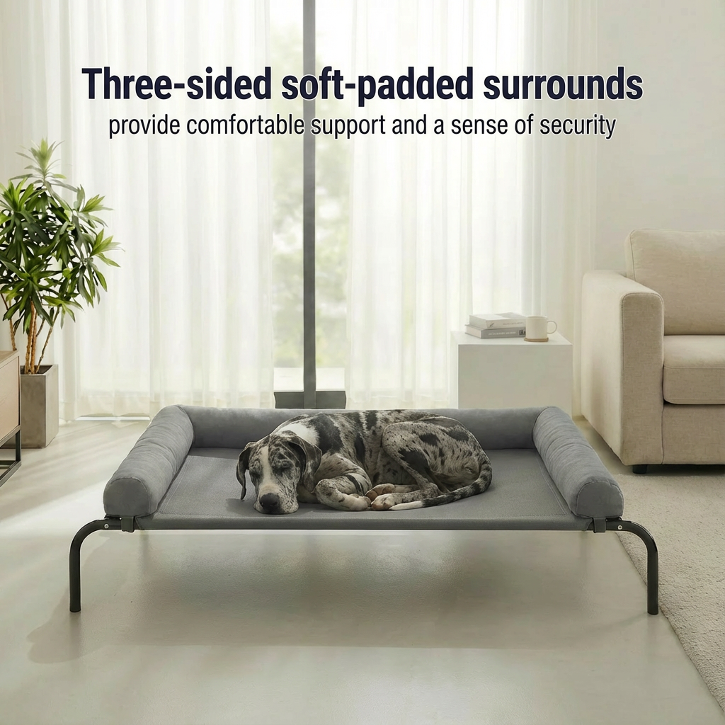 Cama Elevada para Perros con Cojines Suaves en 3 Lados, Cama Transpirable de Malla Textilene, Estructura Metálica Resistente, Fácil de Limpiar, para Perros Pequeños, Medianos y Grandes