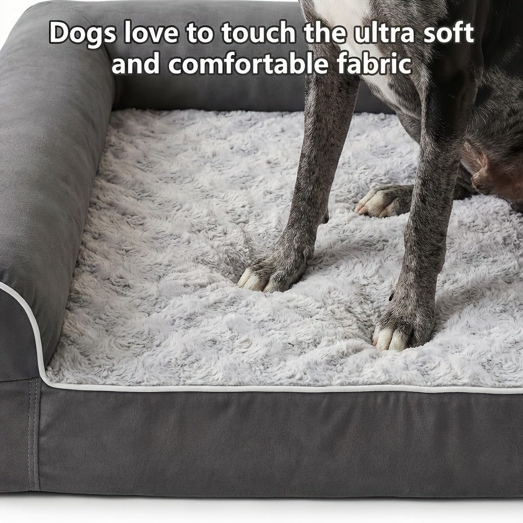 Cama Ortopédica para Perros Pequeños, Medianos, Grandes y Extragrandes, Sofá Cama en Forma de U con Espuma Perfilada Tipo Huevera, Bordes Elevados, Superficie de Felpa Ultrasuave y Funda Extraíble Lavable, Gris