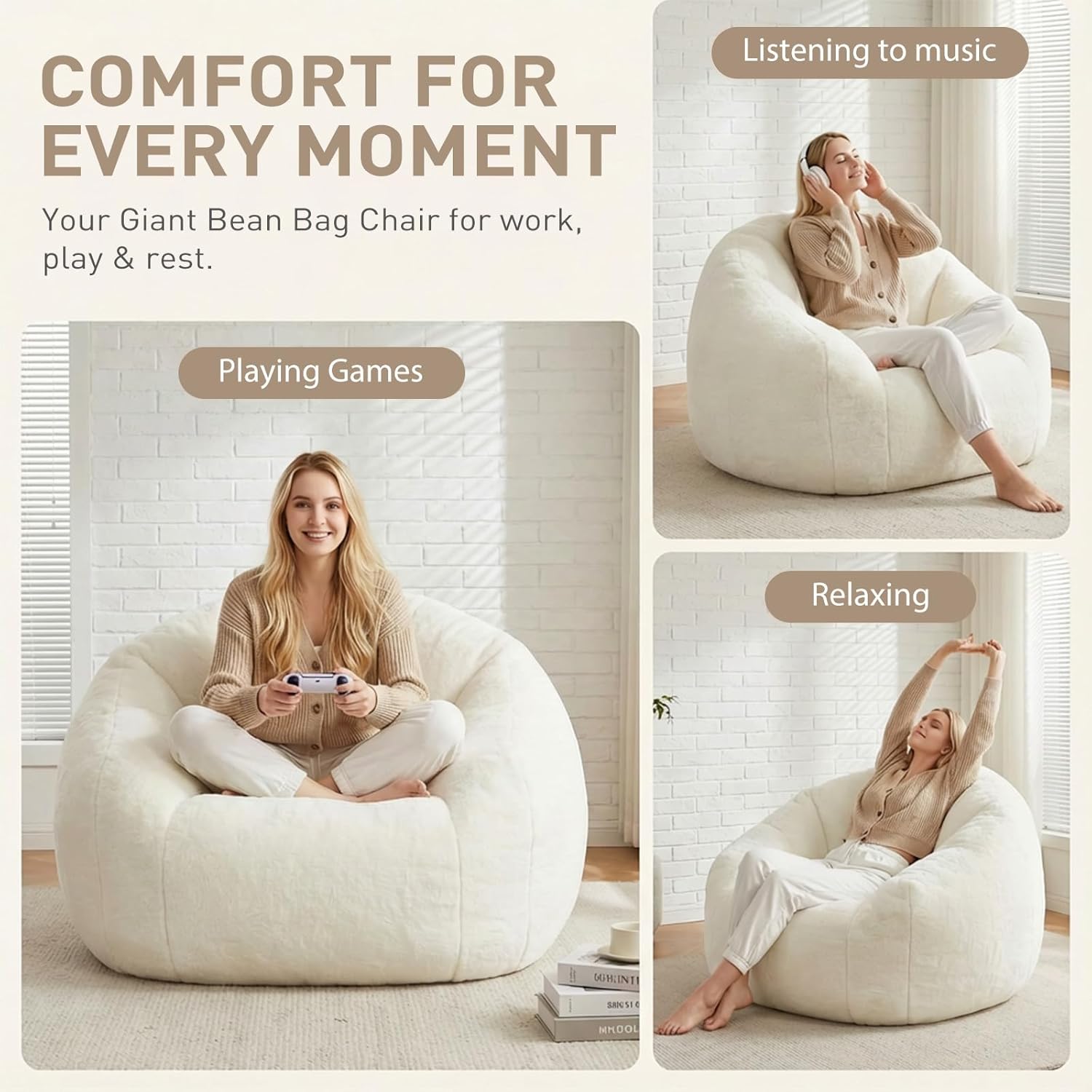 Sillón Puff para Adultos, Sofá Individual Tipo Concha con Relleno de Espuma de Recuperación, Tejido Suave y Respaldo Alto Envolvente, para Salón, Dormitorio, Lectura, Gaming y Relax