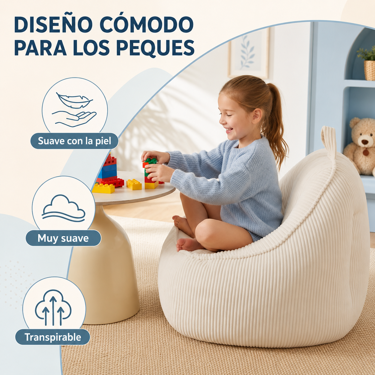 Sillón Puf de Pana Suave con Respaldo Alto y Asiento Envolvente, Sin Montaje, Portátil con Asa, para Toda la Familia