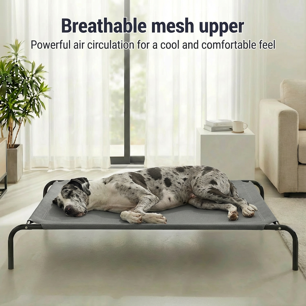 Cama Elevada para Perros, Estructura Metálica Resistente con Malla Textilene Transpirable, Hamaca Refrigerante Lavable para Interior y Exterior, Fácil de Limpiar, Gris