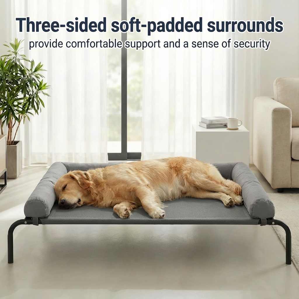 Cama Elevada para Perros con Cojines Suaves en 3 Lados, Cama Transpirable de Malla Textilene, Estructura Metálica Resistente, Fácil de Limpiar, para Perros Pequeños, Medianos y Grandes
