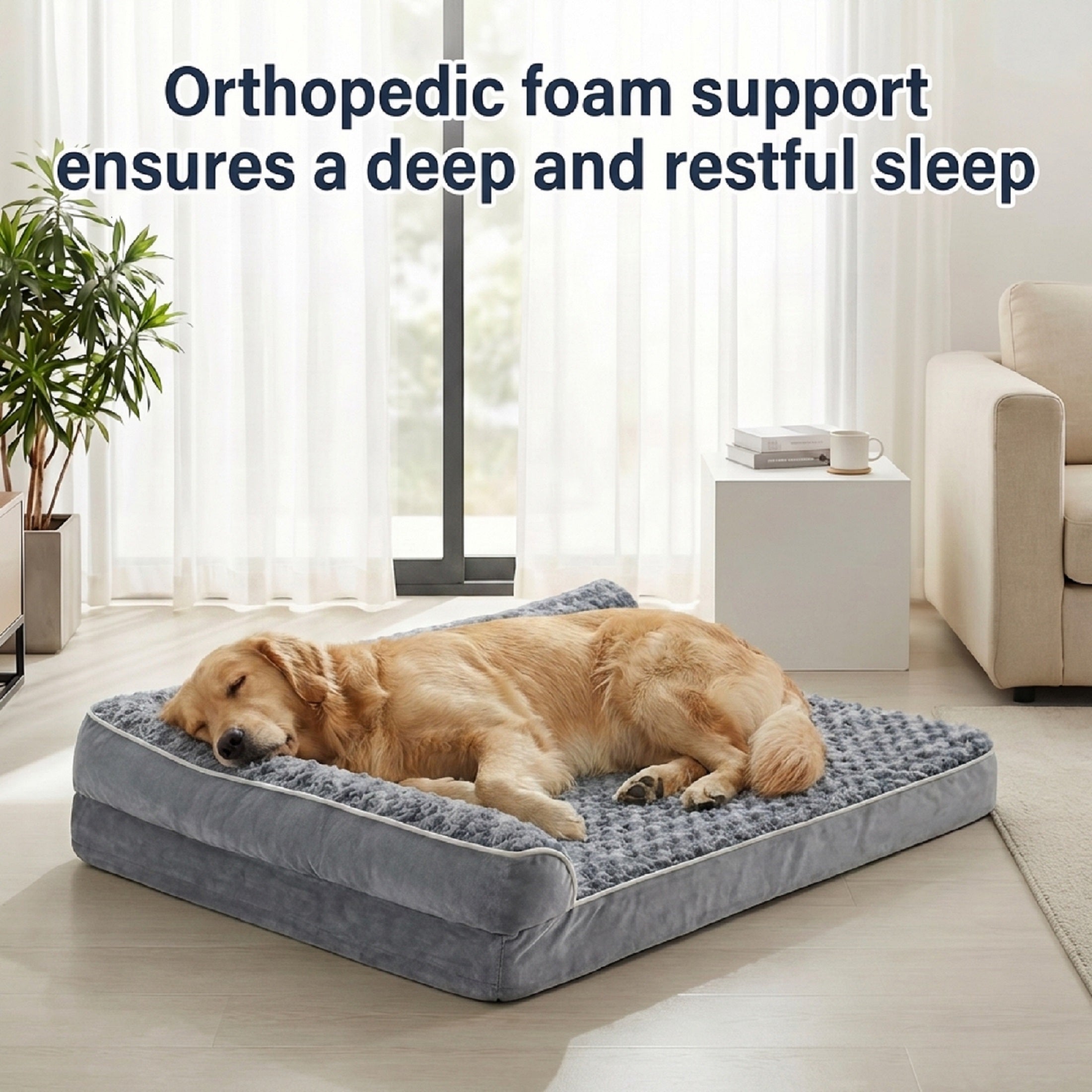 Cama Ortopédica  para Perros Grandes y Gigantes, Sofá Cama en L con Esponja de Alta Densidad, Funda Impermeable Extraíble y Lavable a Máquina, Superficie de Terciopelo Suave, 137 × 91 × 19 cm, Gris