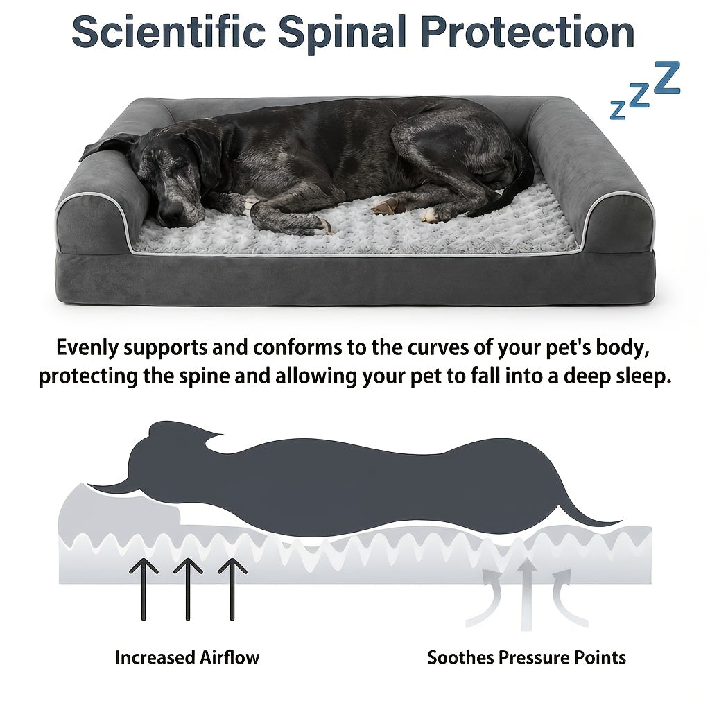 Cama Ortopédica para Perros Pequeños, Medianos, Grandes y Extragrandes, Sofá Cama en Forma de U con Espuma Perfilada Tipo Huevera, Bordes Elevados, Superficie de Felpa Ultrasuave y Funda Extraíble Lavable, Gris