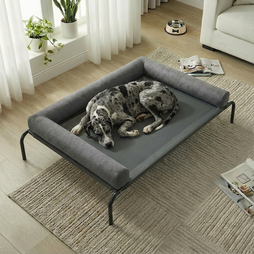 Cama Elevada para Perros con Cojines Suaves en 3 Lados, Cama Transpirable de Malla Textilene, Estructura Metálica Resistente, Fácil de Limpiar, para Perros Pequeños, Medianos y Grandes