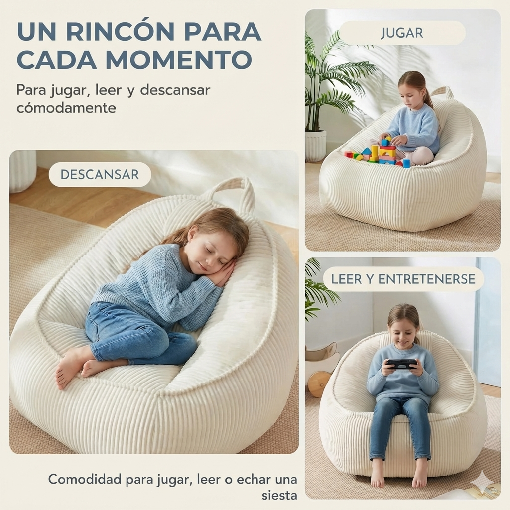 Sillón Puf de Pana Suave con Respaldo Alto y Asiento Envolvente, Sin Montaje, Portátil con Asa, para Toda la Familia