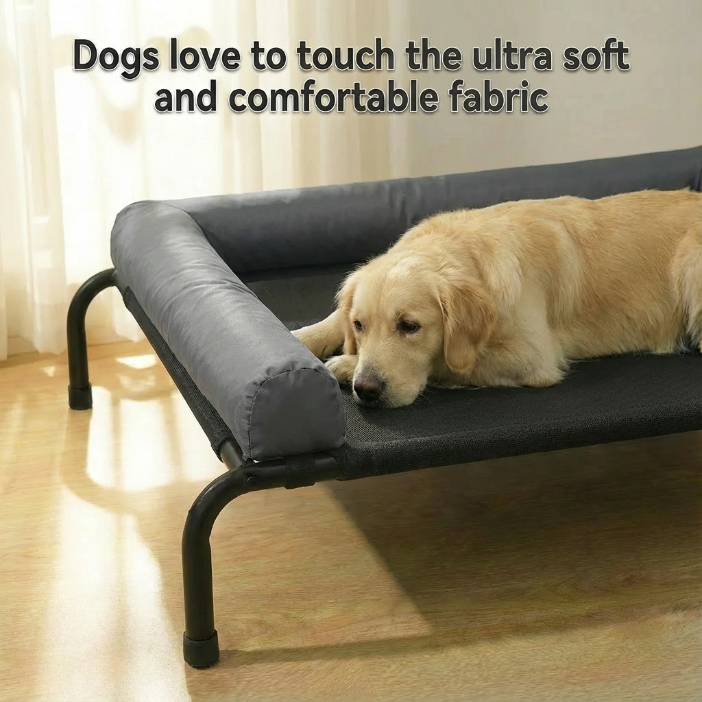Cama Elevada para Perros con Cojines Suaves en 3 Lados, Cama Transpirable de Malla Textilene, Estructura Metálica Resistente, Fácil de Limpiar, para Perros Pequeños, Medianos y Grandes