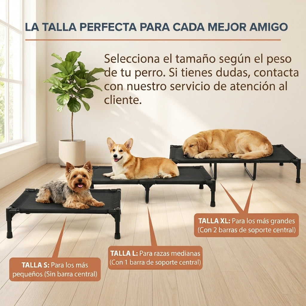 Cama Elevada para Perros de Exterior con Malla Teslin Transpirable, Soporte Central Reforzado según Talla, Patas Antideslizantes, Secado Rápido, para Perros Pequeños, Medianos y Grandes