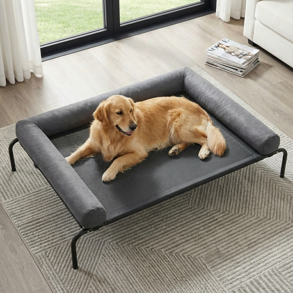 Cama Elevada para Perros con Cojines Suaves en 3 Lados, Cama Transpirable de Malla Textilene, Estructura Metálica Resistente, Fácil de Limpiar, para Perros Pequeños, Medianos y Grandes