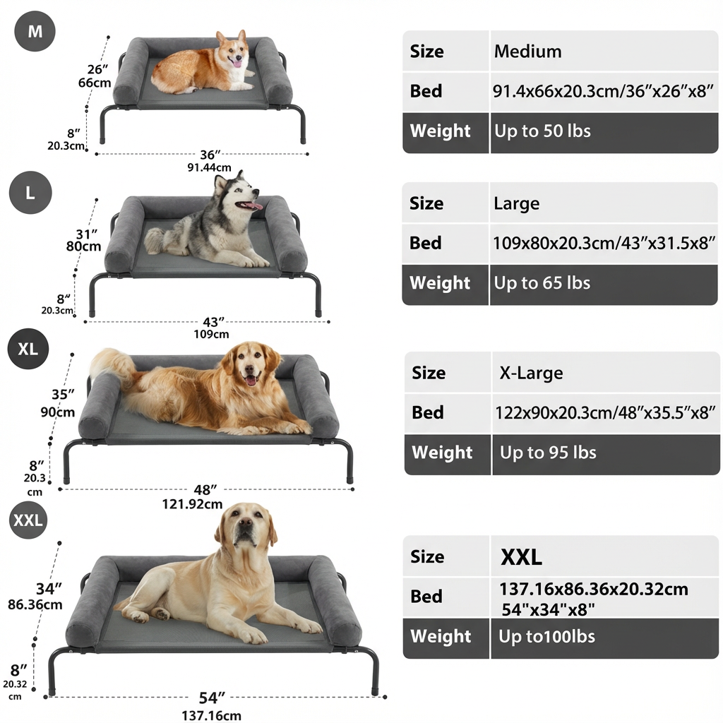 Cama Elevada para Perros con Cojines Suaves en 3 Lados, Cama Transpirable de Malla Textilene, Estructura Metálica Resistente, Fácil de Limpiar, para Perros Pequeños, Medianos y Grandes