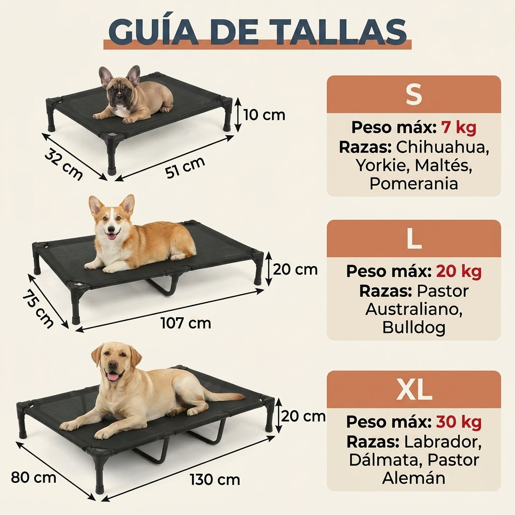 Cama Elevada para Perros de Exterior con Malla Teslin Transpirable, Soporte Central Reforzado según Talla, Patas Antideslizantes, Secado Rápido, para Perros Pequeños, Medianos y Grandes